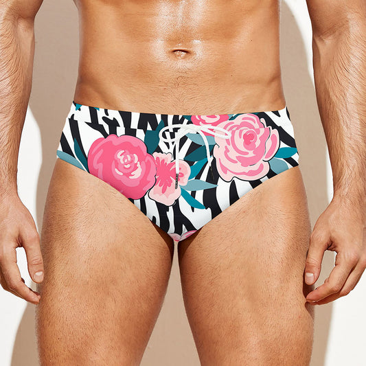 Black White Zebra Floral Pattern Print Men's Swim Briefs