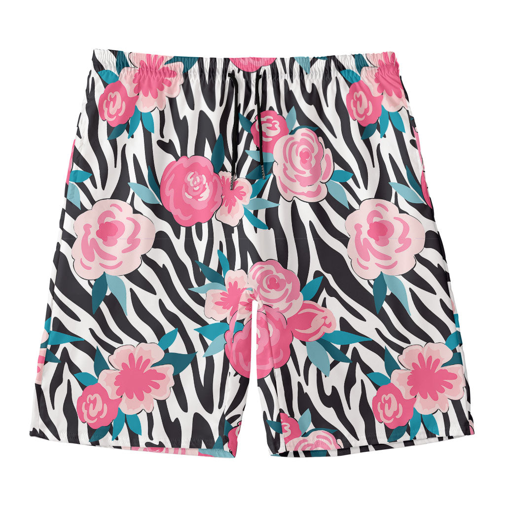 Black White Zebra Floral Pattern Print Men's Swim Trunks