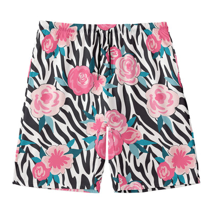 Black White Zebra Floral Pattern Print Men's Swim Trunks