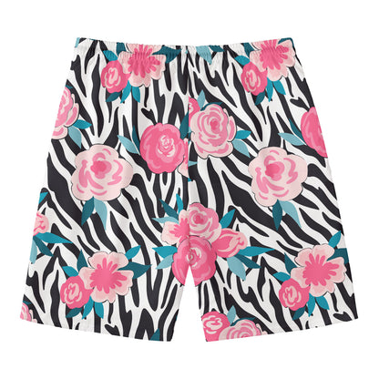 Black White Zebra Floral Pattern Print Men's Swim Trunks