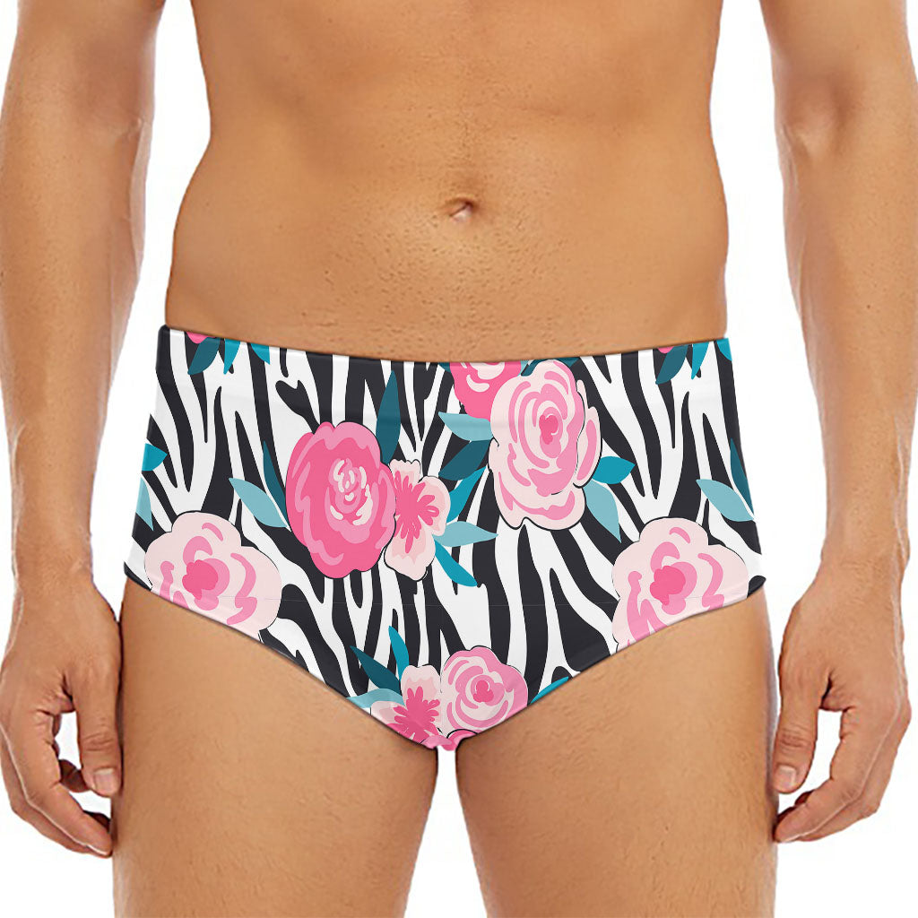 Black White Zebra Floral Pattern Print Men's Triangle Swim Briefs