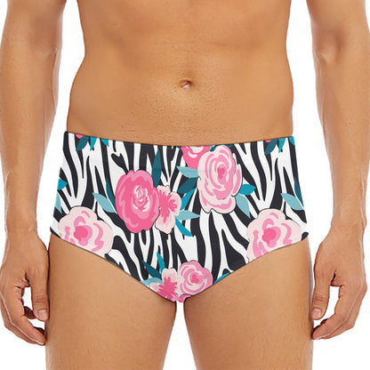 Black White Zebra Floral Pattern Print Men's Triangle Swim Briefs