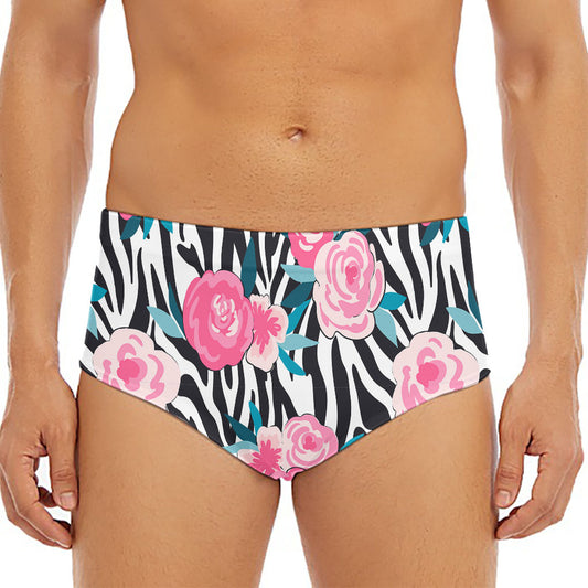 Black White Zebra Floral Pattern Print Men's Triangle Swim Briefs