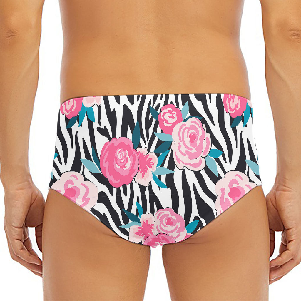 Black White Zebra Floral Pattern Print Men's Triangle Swim Briefs