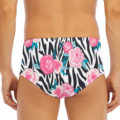 Black White Zebra Floral Pattern Print Men's Triangle Swim Briefs