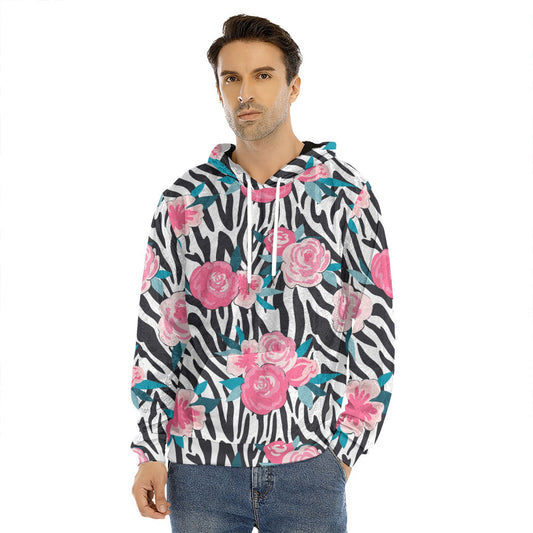 Black White Zebra Floral Pattern Print Men's Velvet Pullover Hoodie
