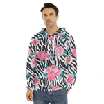 Black White Zebra Floral Pattern Print Men's Velvet Pullover Hoodie