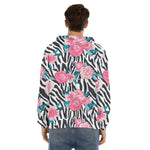Black White Zebra Floral Pattern Print Men's Velvet Pullover Hoodie