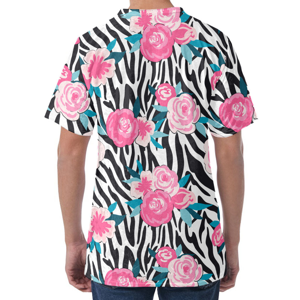 Black White Zebra Floral Pattern Print Men's Velvet T-Shirt