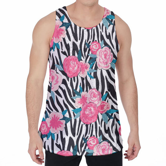 Black White Zebra Floral Pattern Print Men's Velvet Tank Top