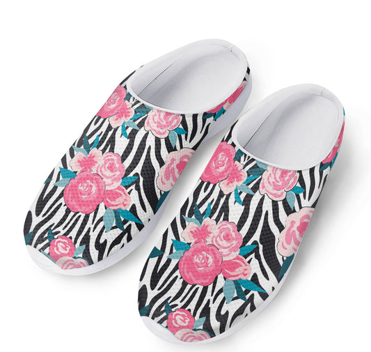 Black White Zebra Floral Pattern Print Mesh Casual Shoes