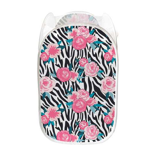 Black White Zebra Floral Pattern Print Mesh Laundry Hamper