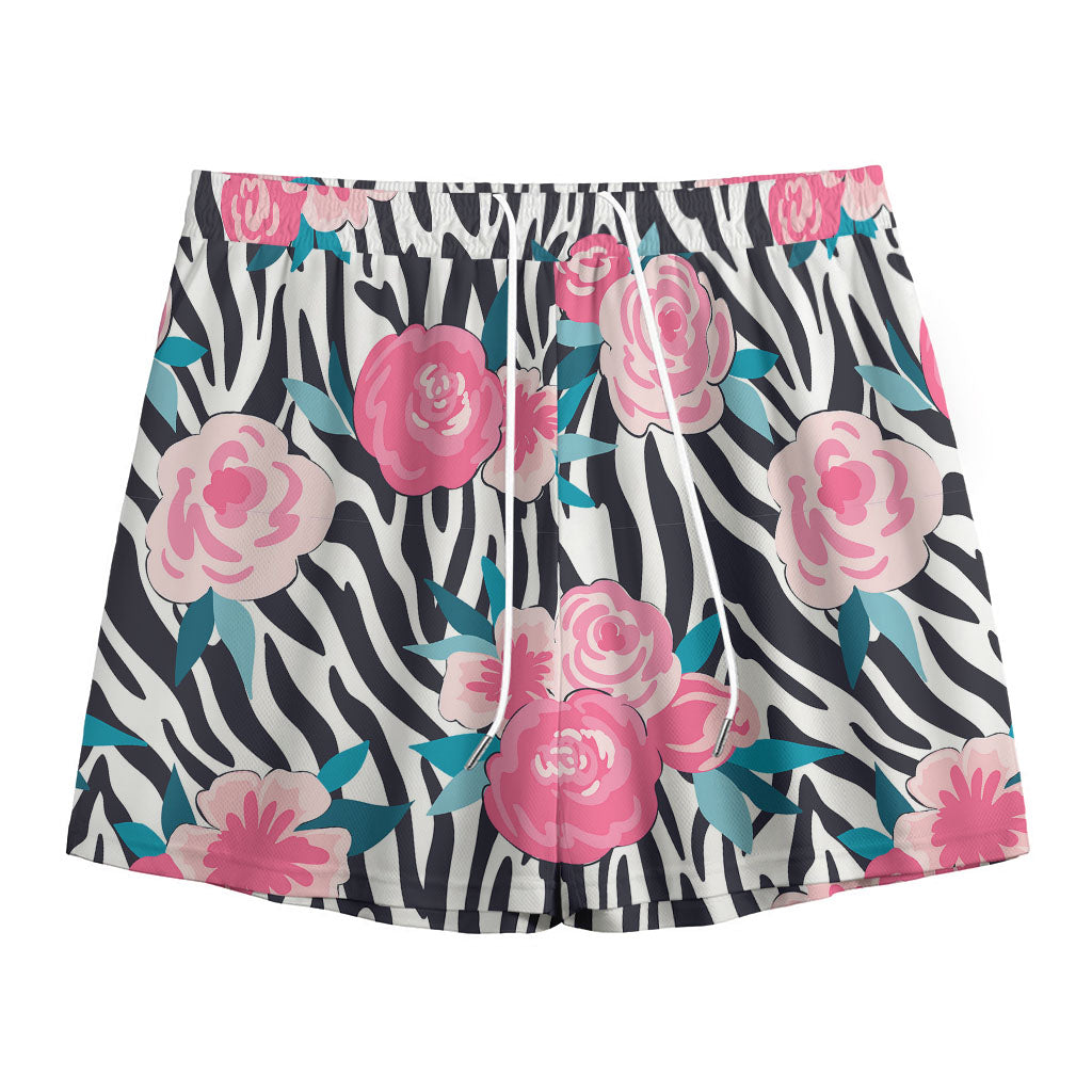 Black White Zebra Floral Pattern Print Mesh Shorts