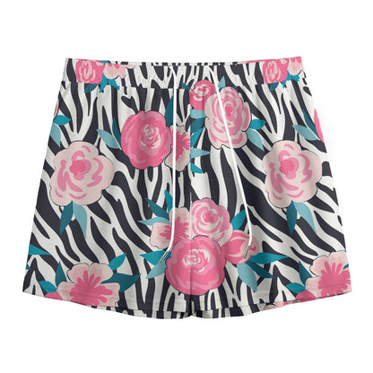Black White Zebra Floral Pattern Print Mesh Shorts