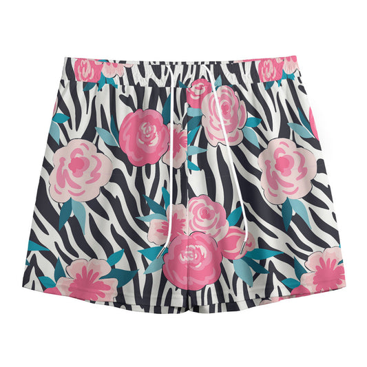 Black White Zebra Floral Pattern Print Mesh Shorts