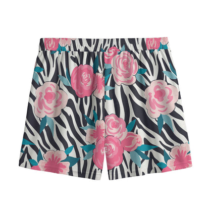 Black White Zebra Floral Pattern Print Mesh Shorts