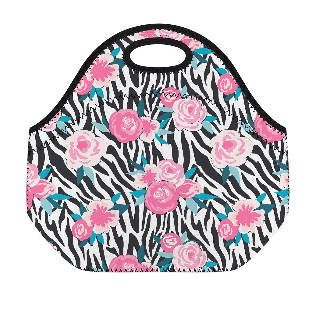 Black White Zebra Floral Pattern Print Neoprene Lunch Bag