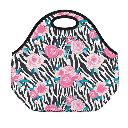 Black White Zebra Floral Pattern Print Neoprene Lunch Bag
