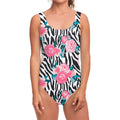 Black White Zebra Floral Pattern Print One Piece Swimsuit