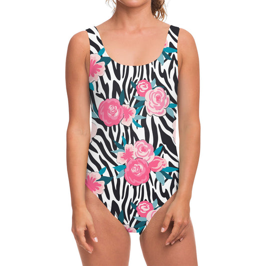 Black White Zebra Floral Pattern Print One Piece Swimsuit