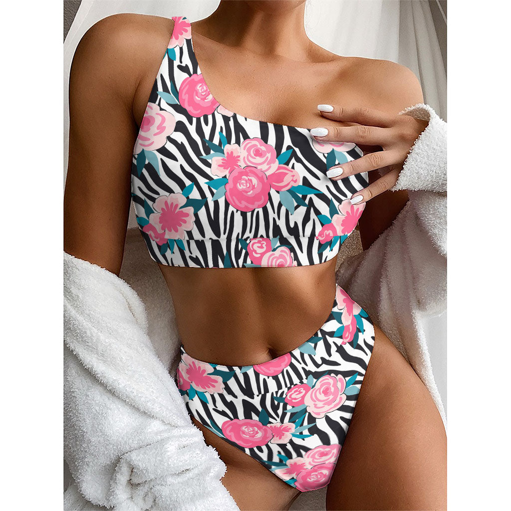 Black White Zebra Floral Pattern Print One Shoulder Bikini Top