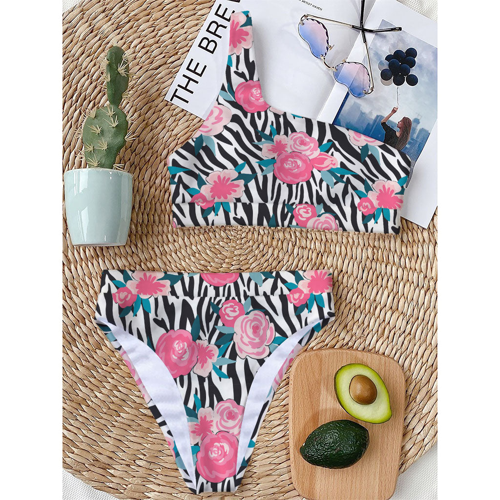 Black White Zebra Floral Pattern Print One Shoulder Bikini Top