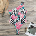 Black White Zebra Floral Pattern Print One Shoulder Bodysuit