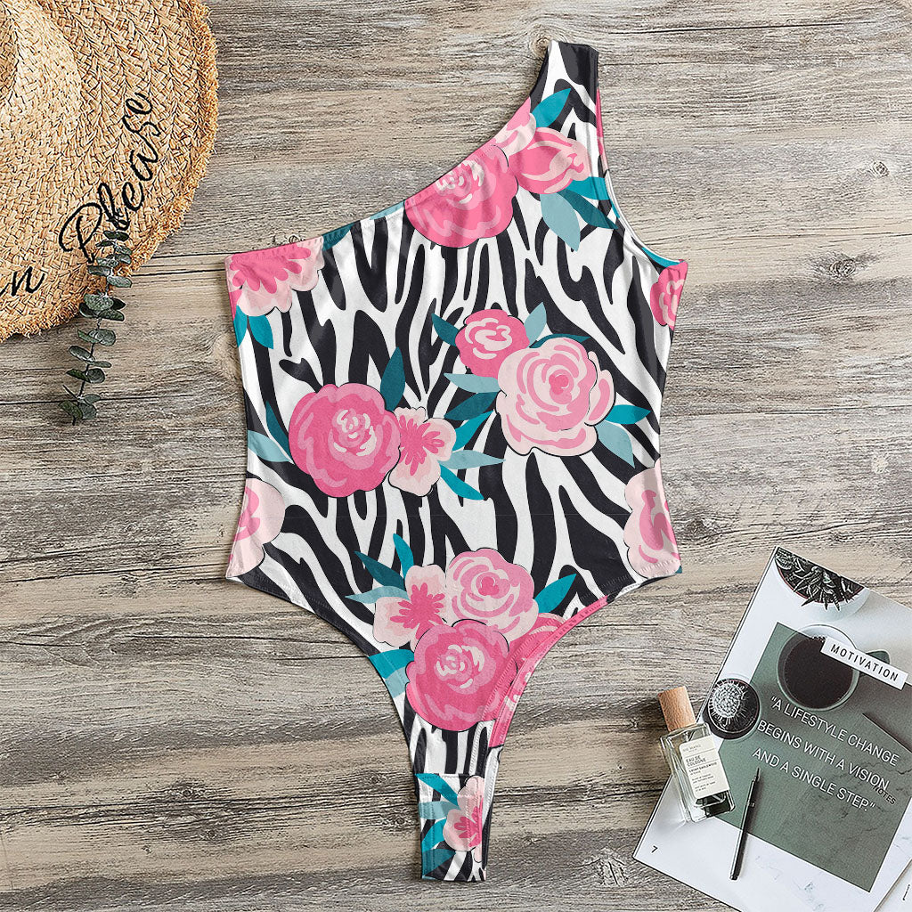 Black White Zebra Floral Pattern Print One Shoulder Bodysuit