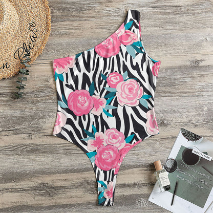 Black White Zebra Floral Pattern Print One Shoulder Bodysuit