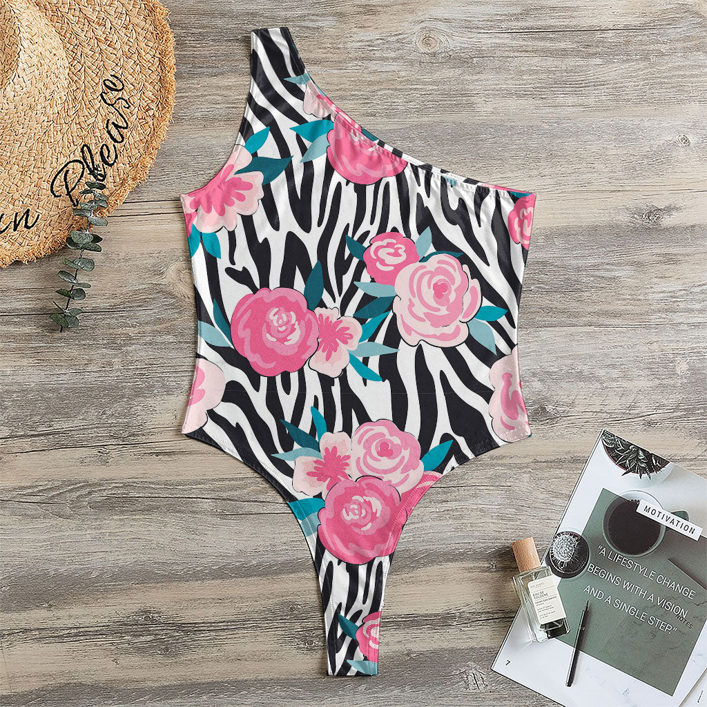Black White Zebra Floral Pattern Print One Shoulder Bodysuit
