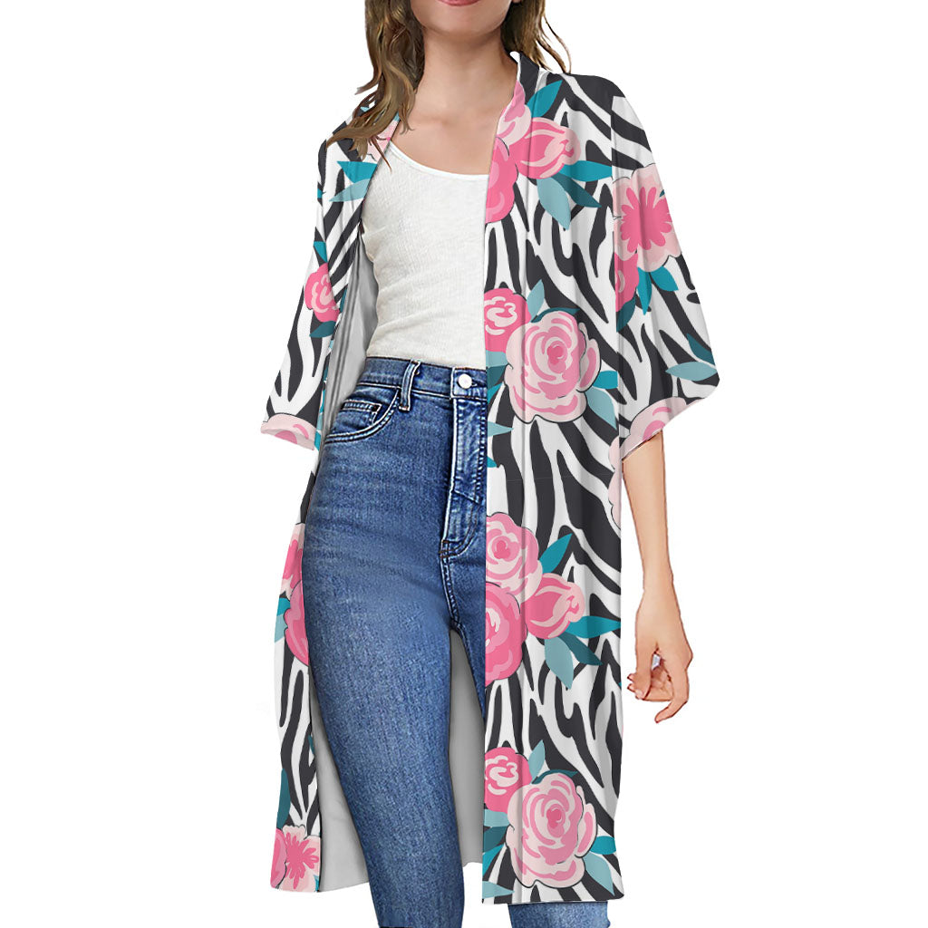 Black White Zebra Floral Pattern Print Open Front Beach Cover Up