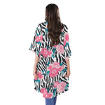 Black White Zebra Floral Pattern Print Open Front Beach Cover Up
