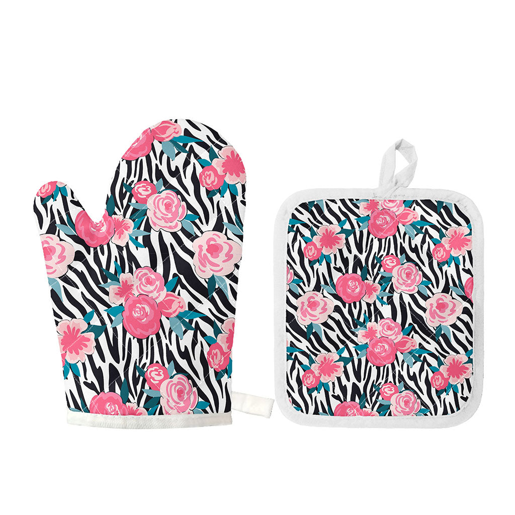 Black White Zebra Floral Pattern Print Oven Mitt And Pot Holder Set