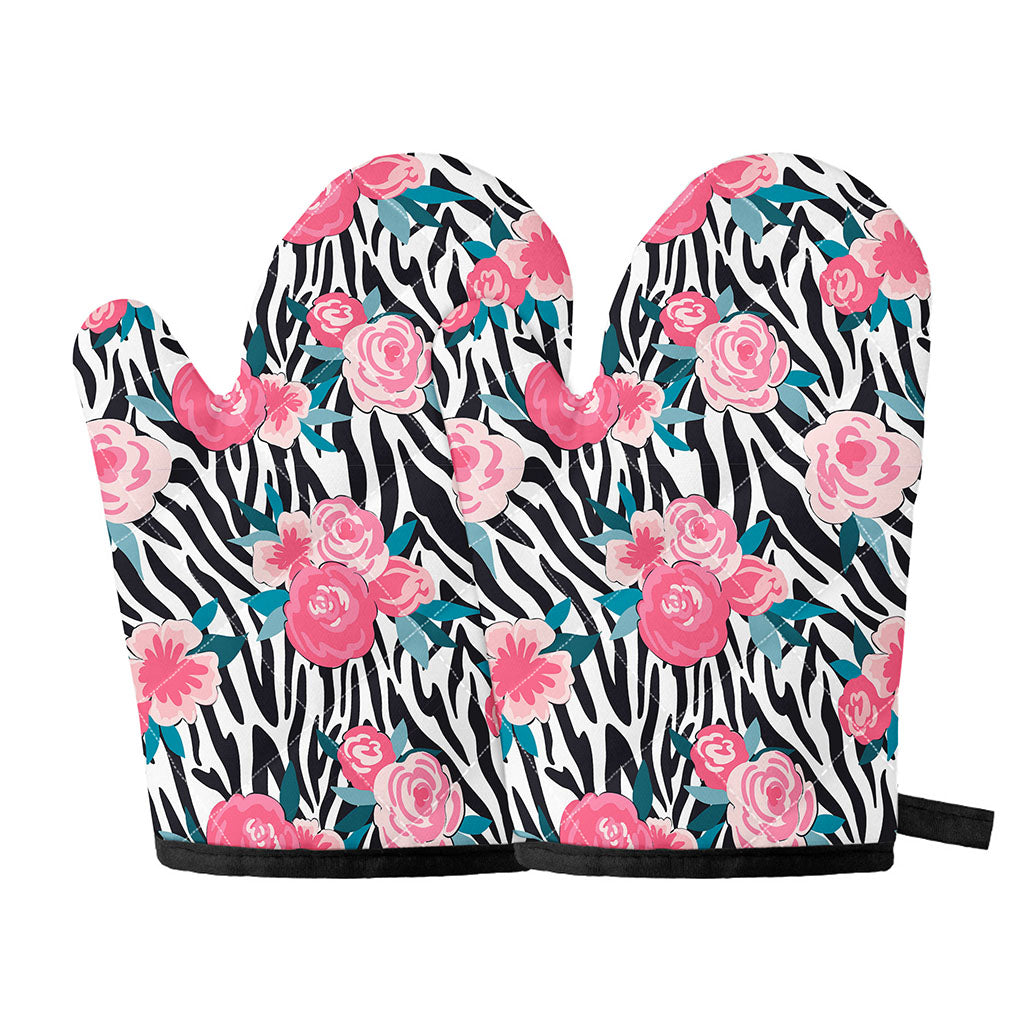 Black White Zebra Floral Pattern Print Oven Mitts
