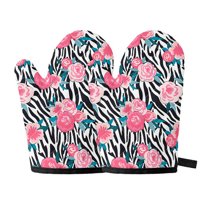 Black White Zebra Floral Pattern Print Oven Mitts