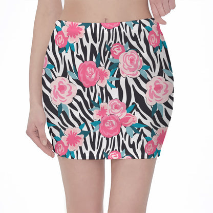 Black White Zebra Floral Pattern Print Pencil Mini Skirt