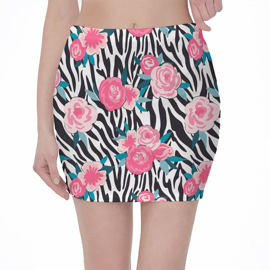 Black White Zebra Floral Pattern Print Pencil Mini Skirt