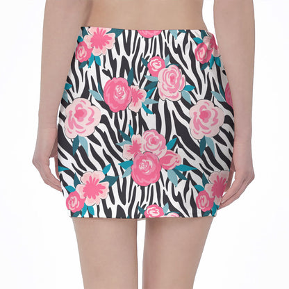 Black White Zebra Floral Pattern Print Pencil Mini Skirt