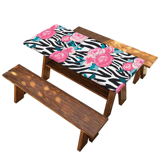 Black White Zebra Floral Pattern Print Picnic Table Cover