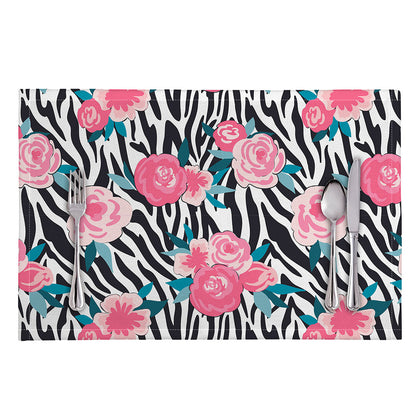 Black White Zebra Floral Pattern Print Placemat