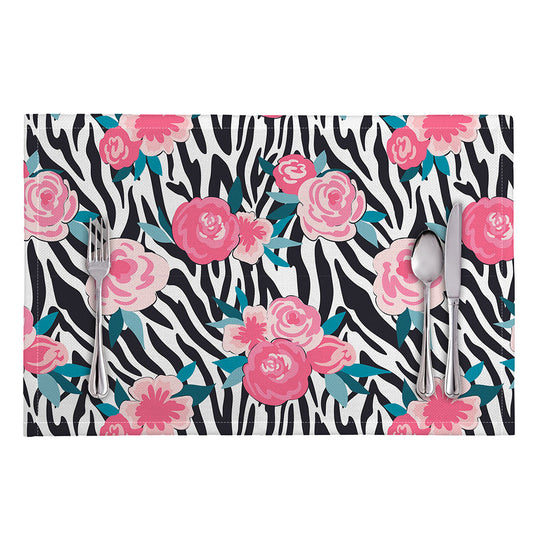Black White Zebra Floral Pattern Print Placemat