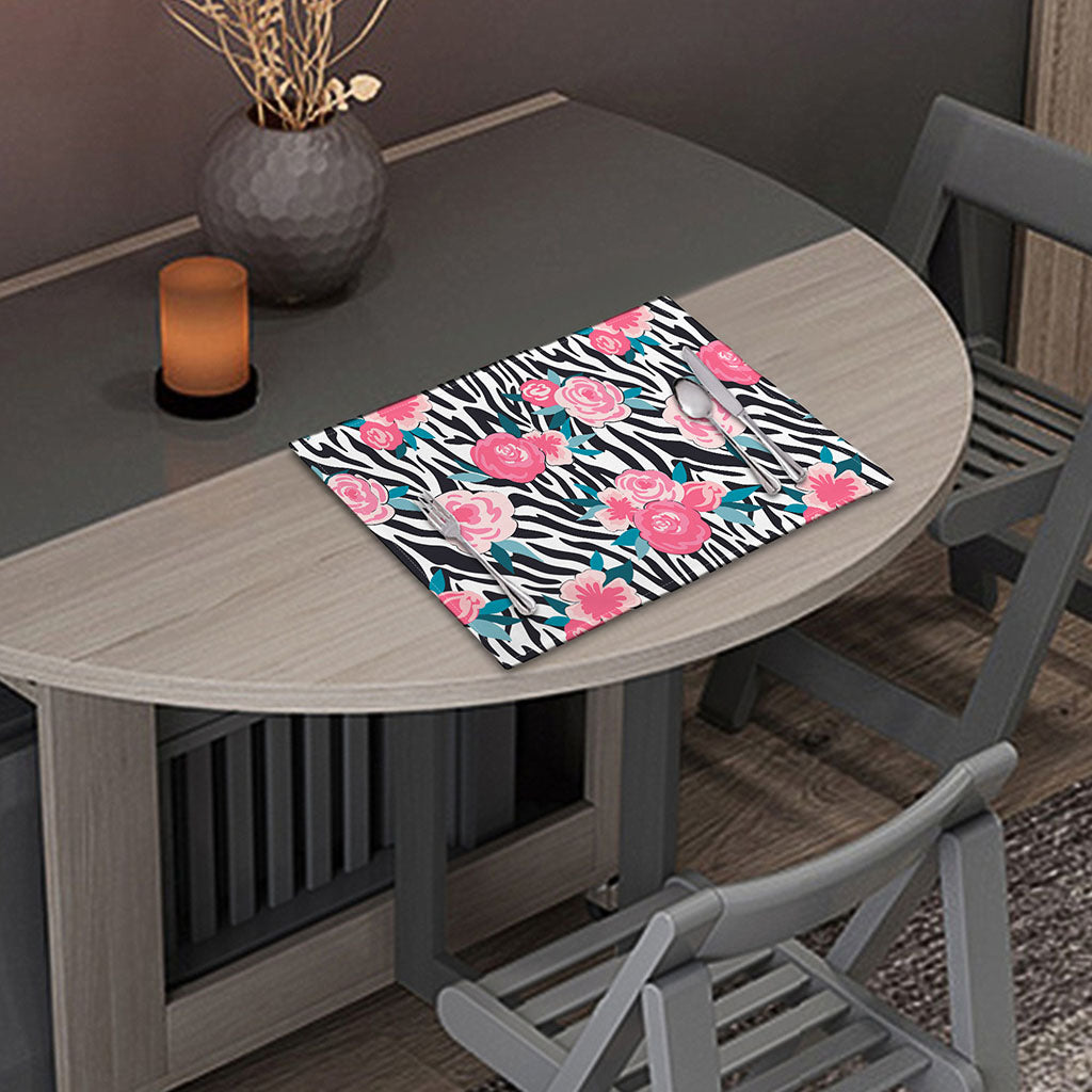Black White Zebra Floral Pattern Print Placemat