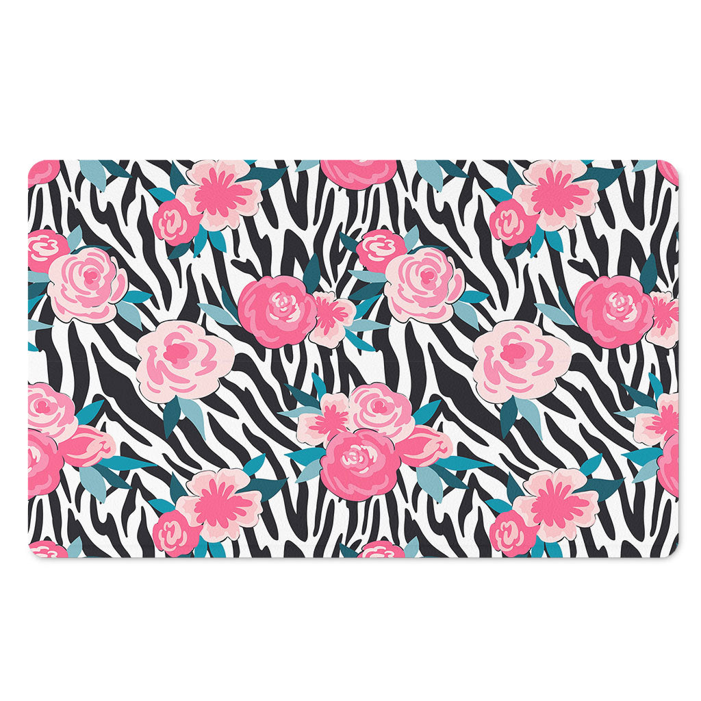 Black White Zebra Floral Pattern Print Polyester Doormat