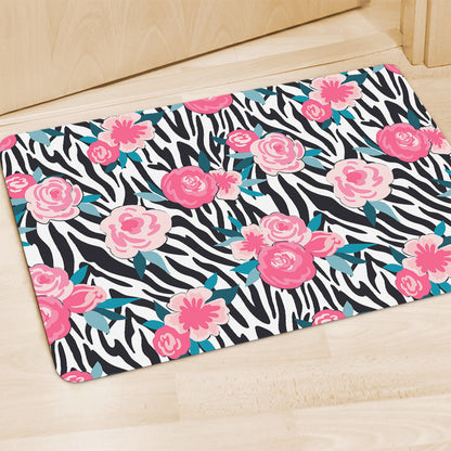 Black White Zebra Floral Pattern Print Polyester Doormat