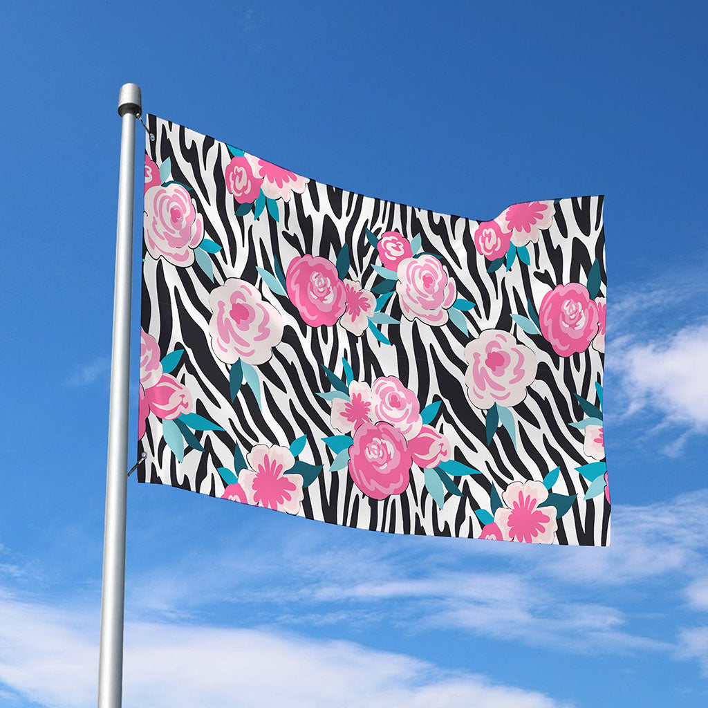 Black White Zebra Floral Pattern Print Polyester Flag