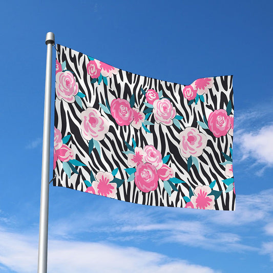 Black White Zebra Floral Pattern Print Polyester Flag