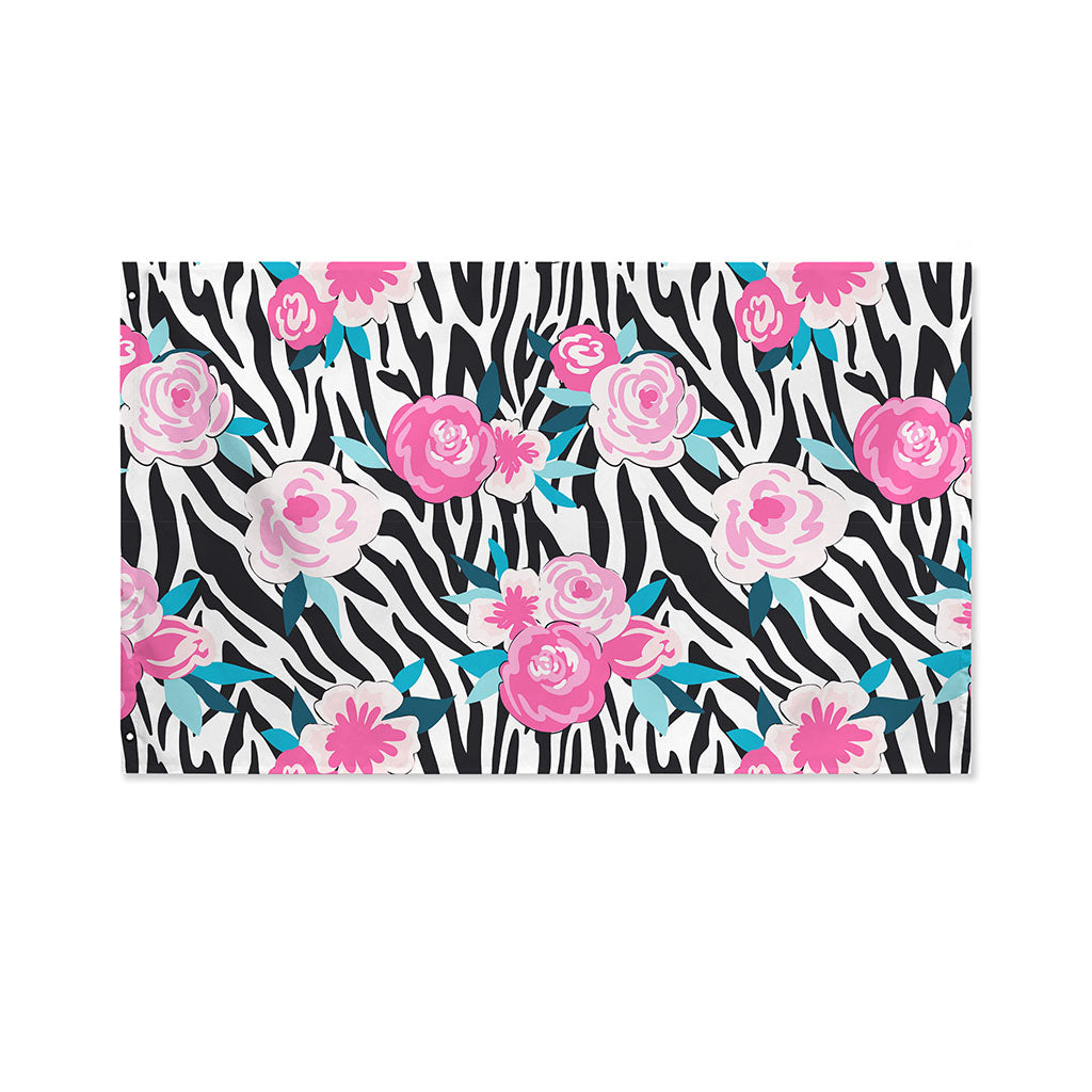 Black White Zebra Floral Pattern Print Polyester Flag
