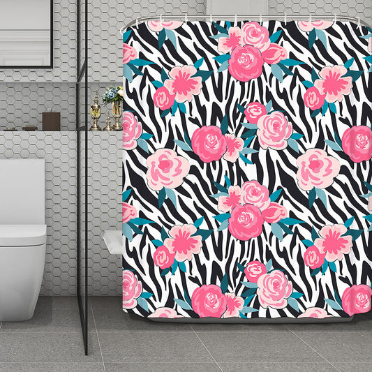 Black White Zebra Floral Pattern Print Polyester Shower Curtain
