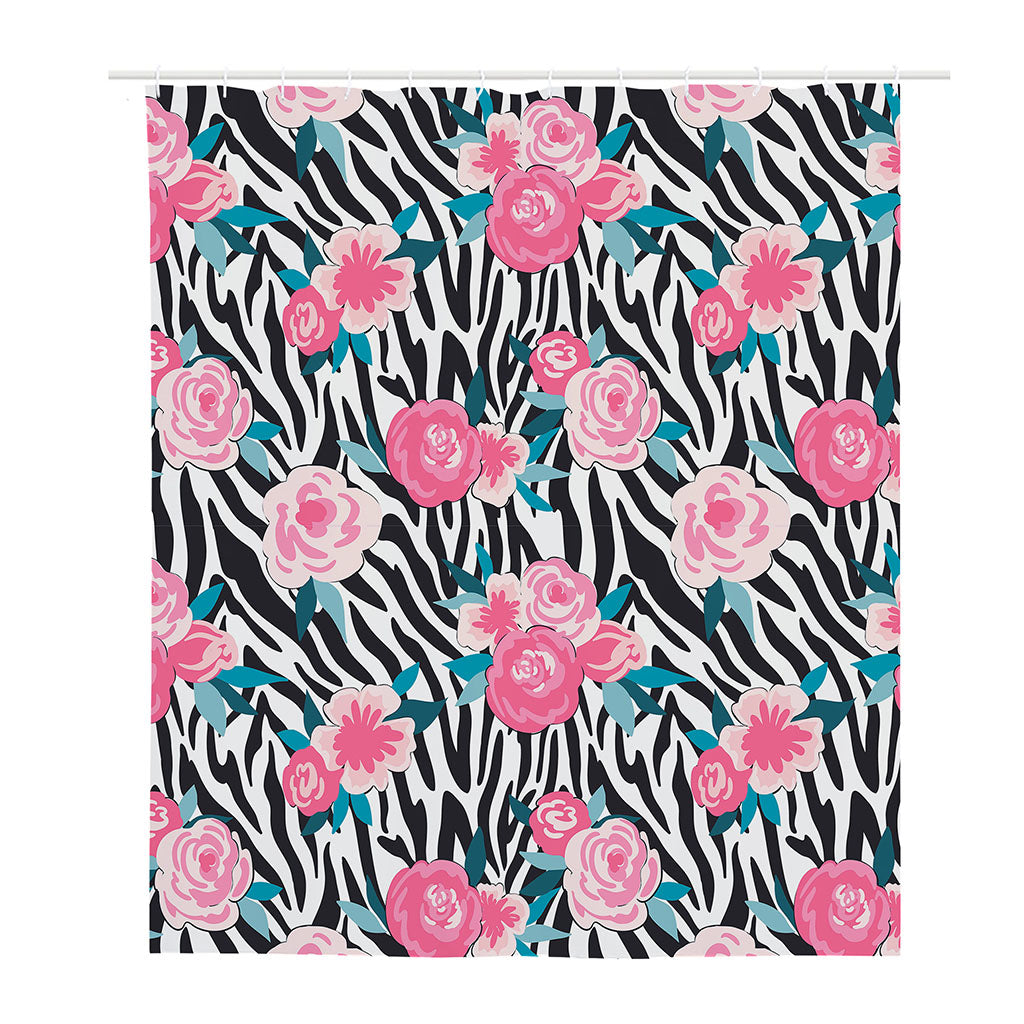 Black White Zebra Floral Pattern Print Polyester Shower Curtain