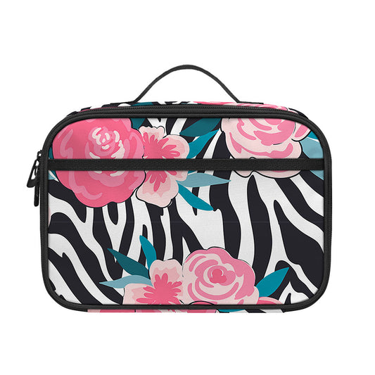 Black White Zebra Floral Pattern Print Portable Lunch Bag